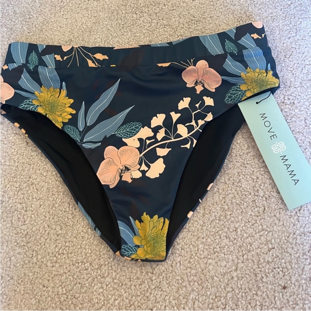 Move Mama Teal floral mid rise bikini bottoms, medium